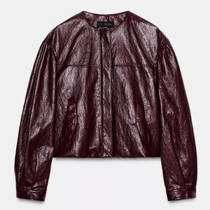 ZARA NWT Burgundy Faux Leather Cropped Bomber Jacket Size XS